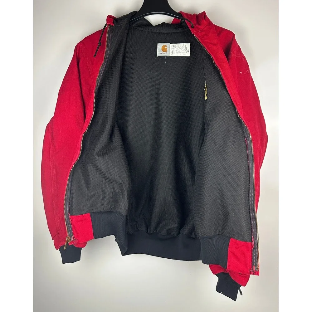 Carhartt Distressed Red Lined Hooded Jacket USA Coat *Company Logo XL Tall - Picture 3 of 15
